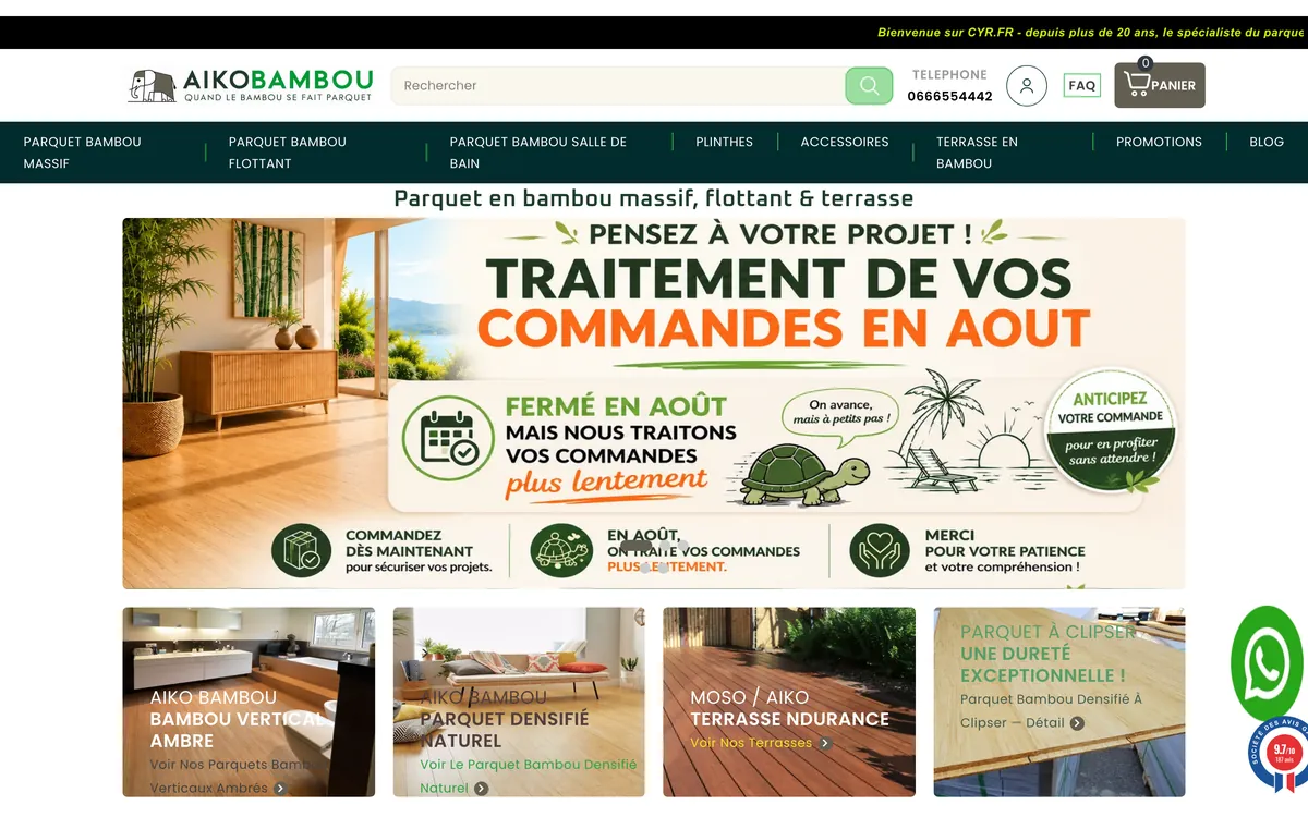 Page d’accueil de la boutique PrestaShop Aiko Bambou, parquet et terrasse en bambou