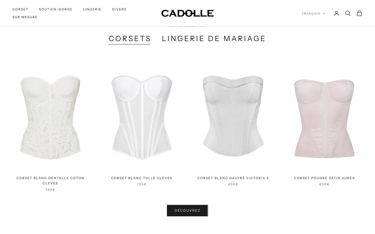 Boutique Shopify de la maison de lingerie de luxe Cadolle, collection de corsets