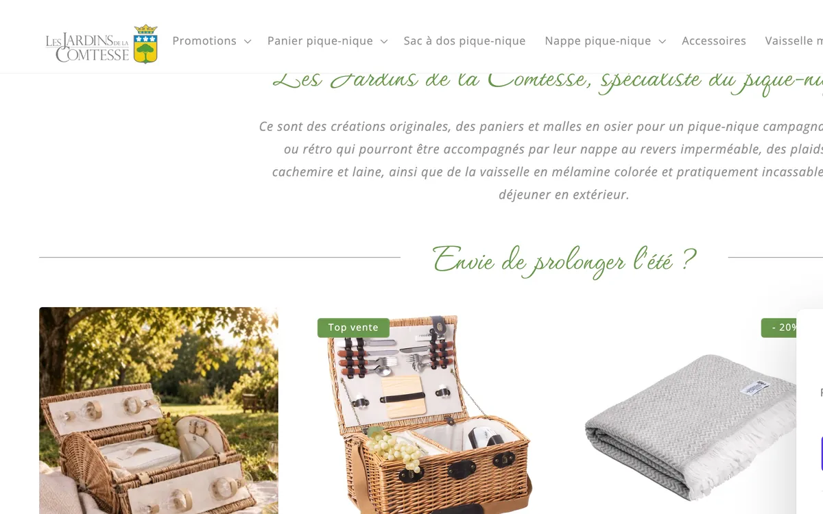 Page d’accueil de la boutique Shopify Les Jardins de la Comtesse, paniers de pique-nique et art de vivre