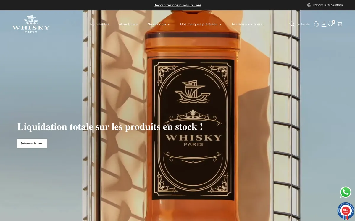 Page d’accueil de la boutique Shopify Whisky Paris, spiritueux et champagnes