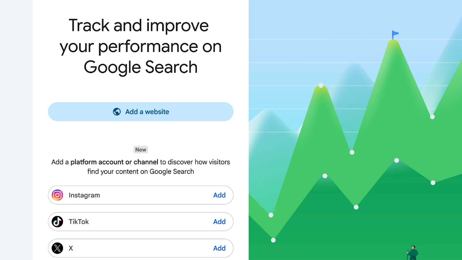 Écran d'ajout de propriété dans la Google Search Console proposant de connecter un compte Instagram, TikTok ou X