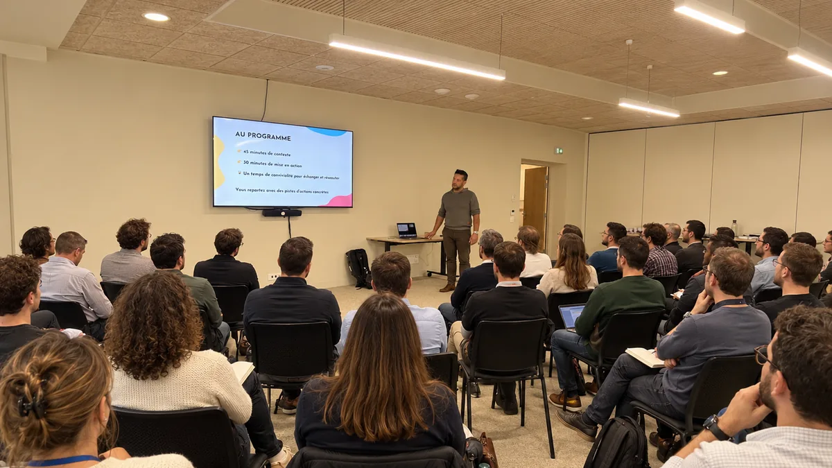 Louis-Alexandre Tachon, fondateur de Piskee, anime l’atelier Les Foliweb « Les indispensables pour développer votre présence en ligne en 2026 » devant une salle pleine, dans les locaux de la Communauté de communes Thelloise à Neuilly-en-Thelle — la diapositive « Au programme » est affichée à l’écran