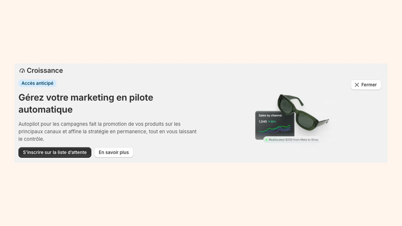 Panneau d'annonce « Croissance » dans l'administration Shopify : mention Accès anticipé, titre « Gérez votre marketing en pilote automatique » et bouton « S'inscrire sur la liste d'attente »
