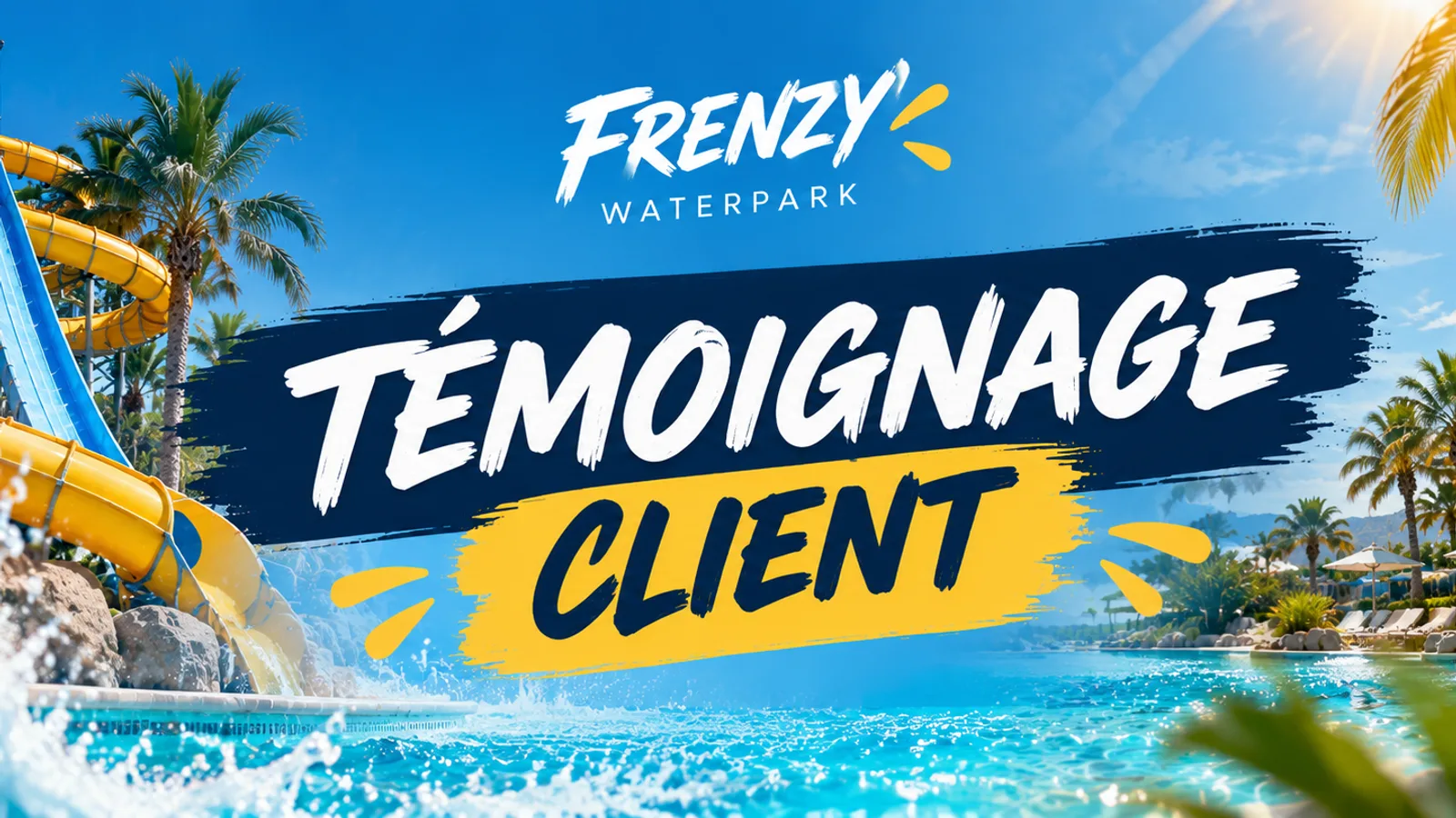 Visuel d’annonce du témoignage client de Frenzy Waterpark : le logo du parc aquatique au-dessus de la mention « Témoignage client », sur une photo de toboggans jaunes et de lagon bleu bordé de palmiers