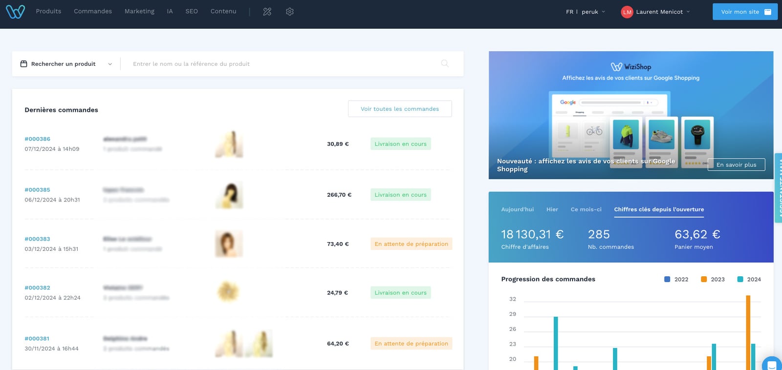 Tableau de bord du back-office de Wizishop