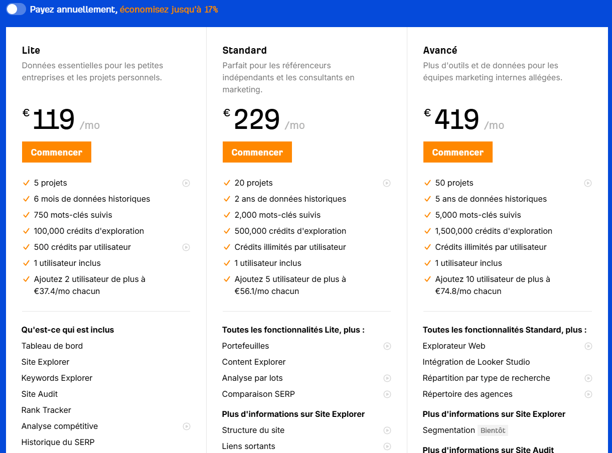 Grille tarifaire des abonnements Ahrefs relevée le 20 février 2025