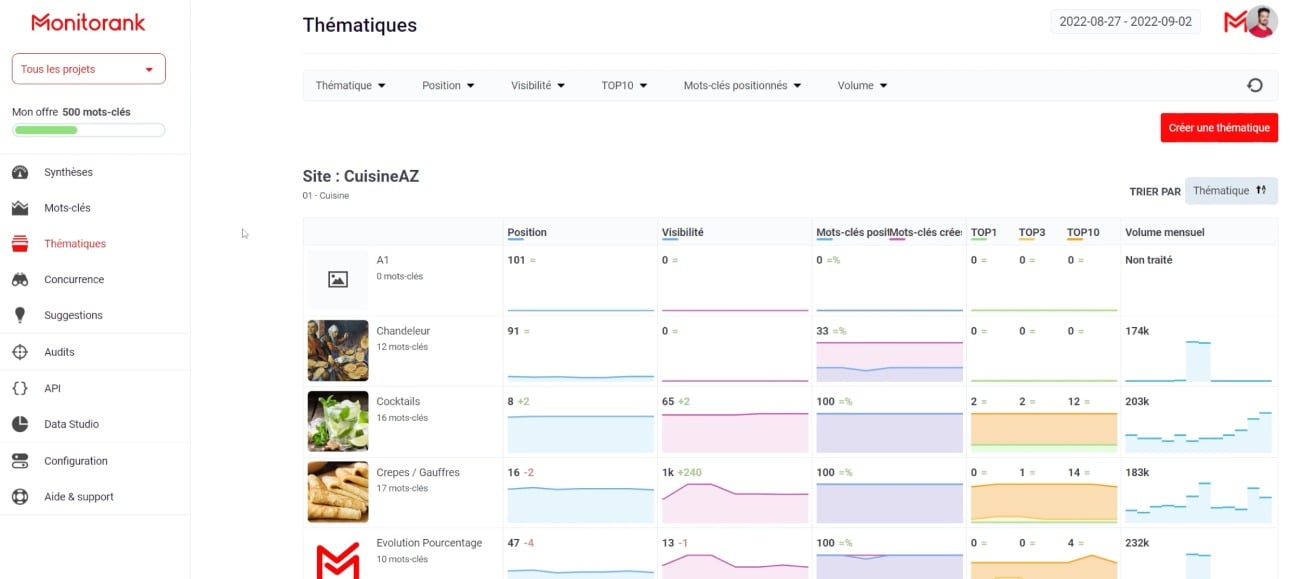 Tableau de bord de Monitorank : suivi du positionnement des mots-clés