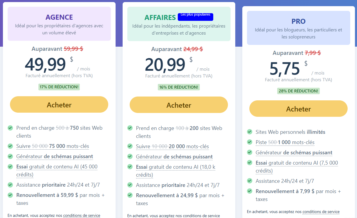 Grille tarifaire de Rank Math relevée le 18 février 2025