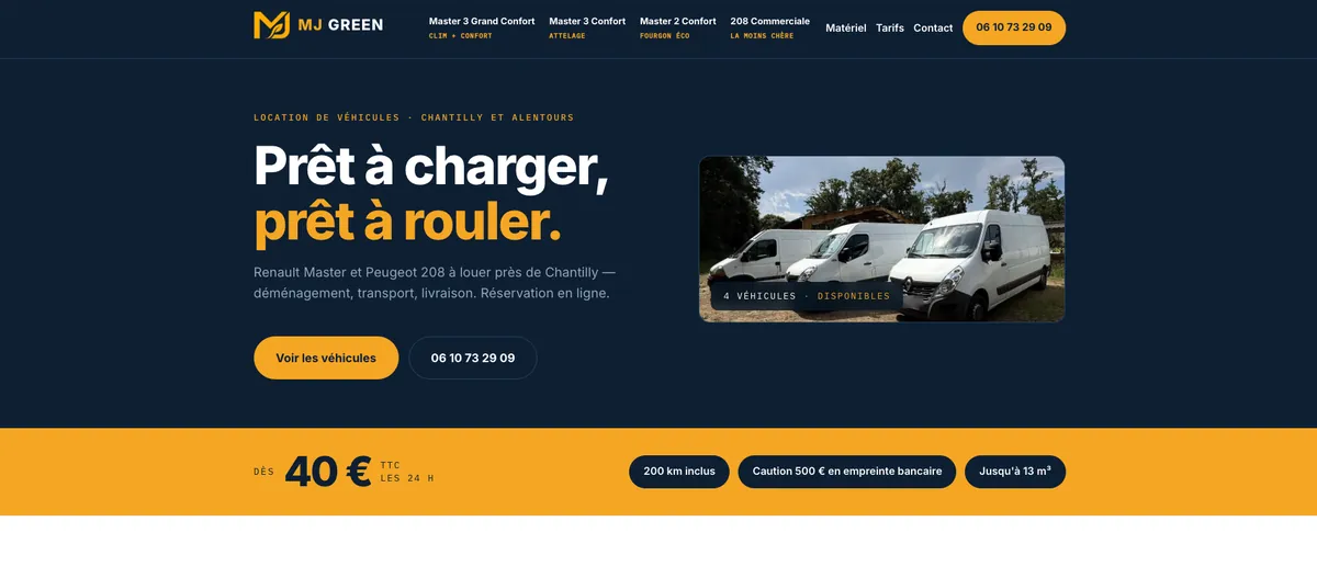 Page d’accueil du site MJ Green, location d’utilitaires et de matériel de chantier près de Chantilly