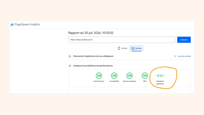 Rapport PageSpeed Insights de piskee.com en version Bureau : Performances, Accessibilité, Bonnes pratiques et SEO à 100, suivis du nouvel indicateur Navigation agentique à 3/3