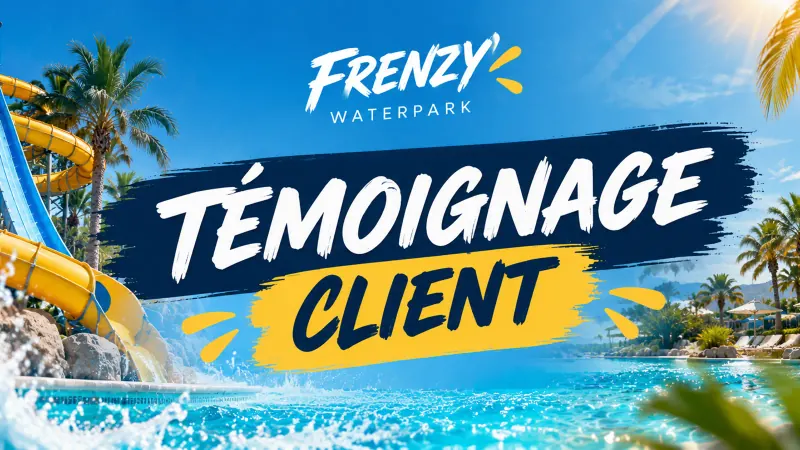 Visuel d’annonce du témoignage client de Frenzy Waterpark : le logo du parc aquatique au-dessus de la mention « Témoignage client », sur une photo de toboggans jaunes et de lagon bleu bordé de palmiers